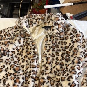 Leopard Print Faux Fur Teddy Jacket - Women (Beige/Brown) M